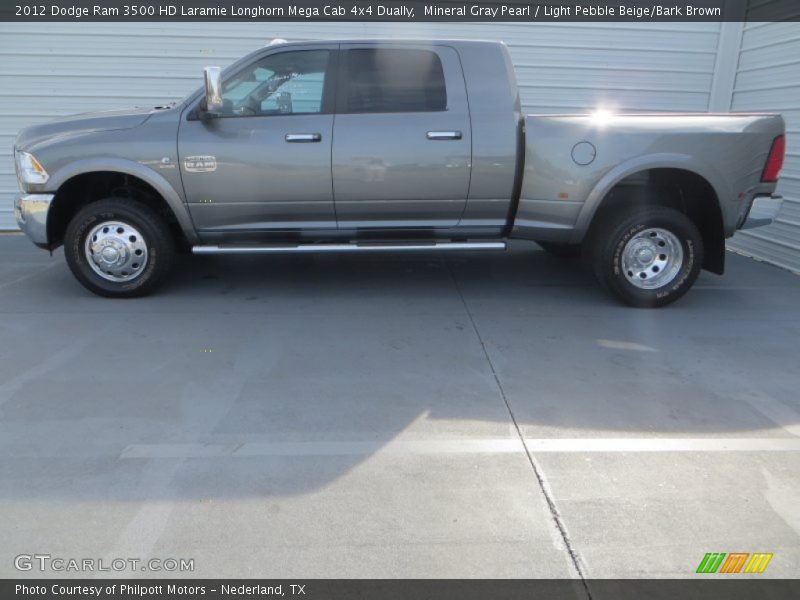 Mineral Gray Pearl / Light Pebble Beige/Bark Brown 2012 Dodge Ram 3500 HD Laramie Longhorn Mega Cab 4x4 Dually