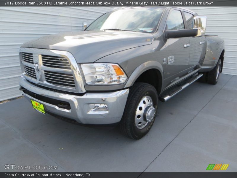 Mineral Gray Pearl / Light Pebble Beige/Bark Brown 2012 Dodge Ram 3500 HD Laramie Longhorn Mega Cab 4x4 Dually