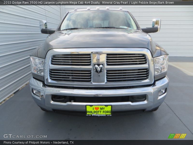 Mineral Gray Pearl / Light Pebble Beige/Bark Brown 2012 Dodge Ram 3500 HD Laramie Longhorn Mega Cab 4x4 Dually