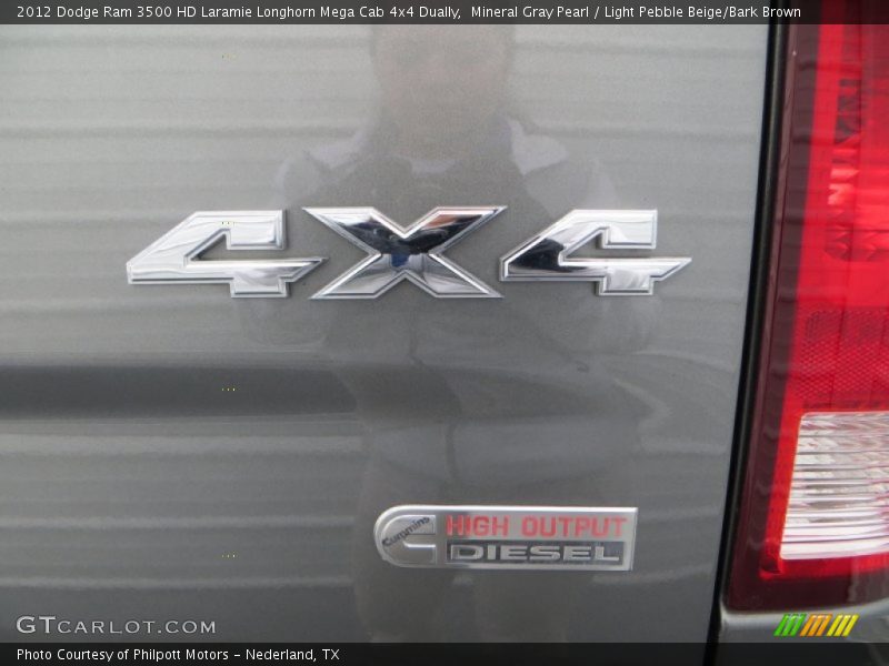 Mineral Gray Pearl / Light Pebble Beige/Bark Brown 2012 Dodge Ram 3500 HD Laramie Longhorn Mega Cab 4x4 Dually