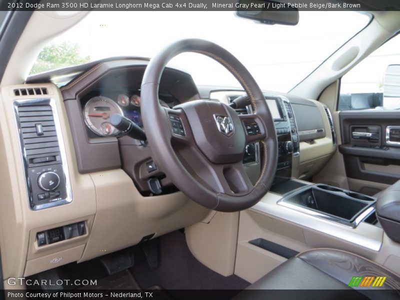 Mineral Gray Pearl / Light Pebble Beige/Bark Brown 2012 Dodge Ram 3500 HD Laramie Longhorn Mega Cab 4x4 Dually
