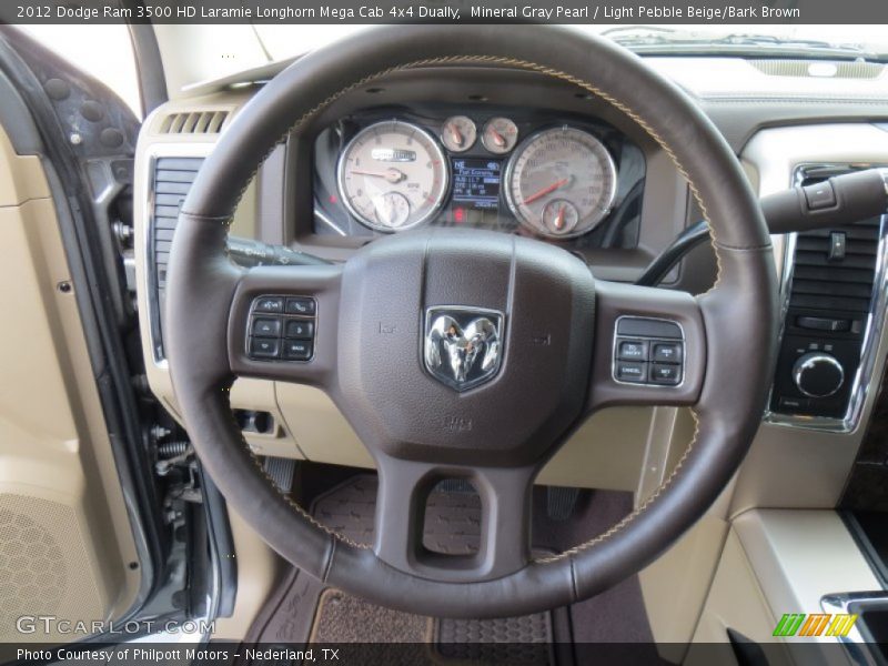 Mineral Gray Pearl / Light Pebble Beige/Bark Brown 2012 Dodge Ram 3500 HD Laramie Longhorn Mega Cab 4x4 Dually