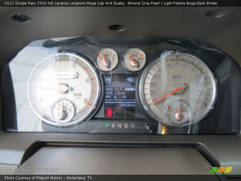 Mineral Gray Pearl / Light Pebble Beige/Bark Brown 2012 Dodge Ram 3500 HD Laramie Longhorn Mega Cab 4x4 Dually