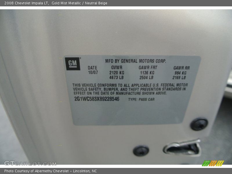 Gold Mist Metallic / Neutral Beige 2008 Chevrolet Impala LT