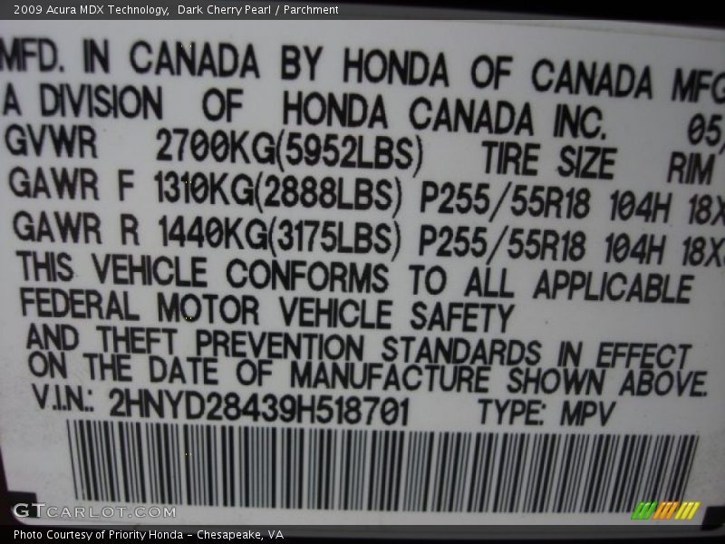 Dark Cherry Pearl / Parchment 2009 Acura MDX Technology
