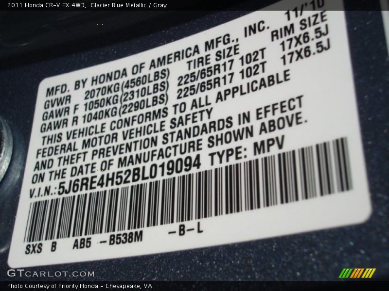 Glacier Blue Metallic / Gray 2011 Honda CR-V EX 4WD