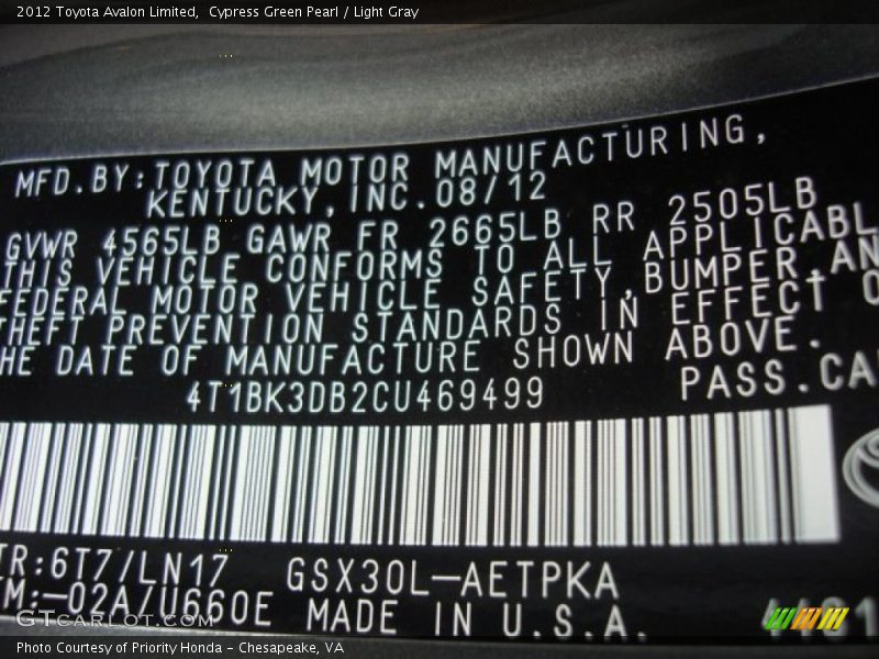 2012 Avalon Limited Cypress Green Pearl Color Code 6T7