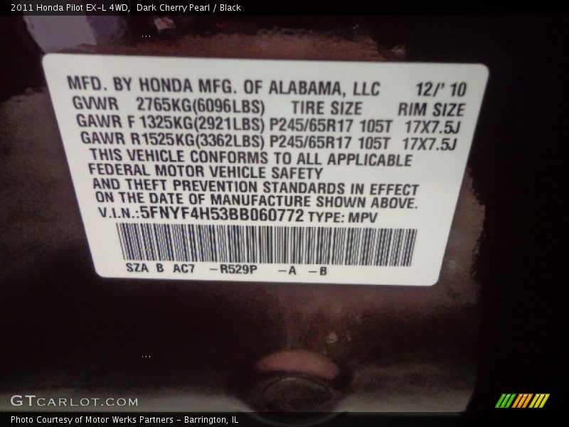 Dark Cherry Pearl / Black 2011 Honda Pilot EX-L 4WD