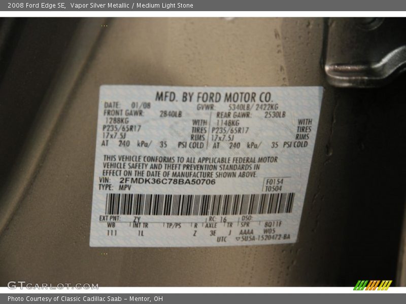 Vapor Silver Metallic / Medium Light Stone 2008 Ford Edge SE