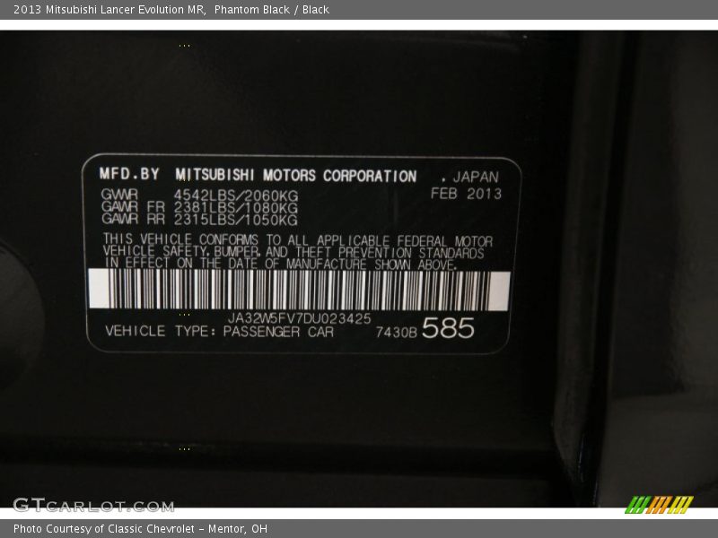 Phantom Black / Black 2013 Mitsubishi Lancer Evolution MR
