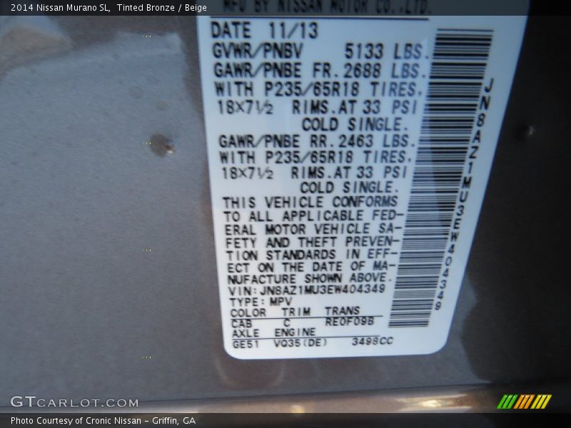 2014 Murano SL Tinted Bronze Color Code CAB