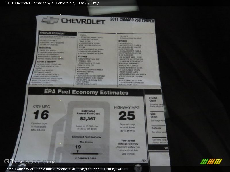  2011 Camaro SS/RS Convertible Window Sticker