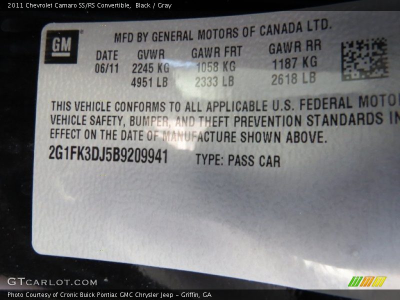 Black / Gray 2011 Chevrolet Camaro SS/RS Convertible