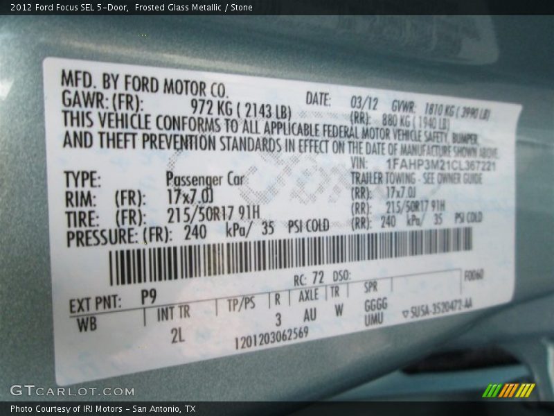 Frosted Glass Metallic / Stone 2012 Ford Focus SEL 5-Door