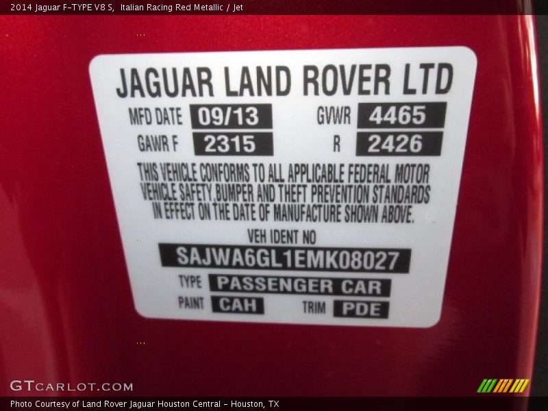 2014 F-TYPE V8 S Italian Racing Red Metallic Color Code CAH