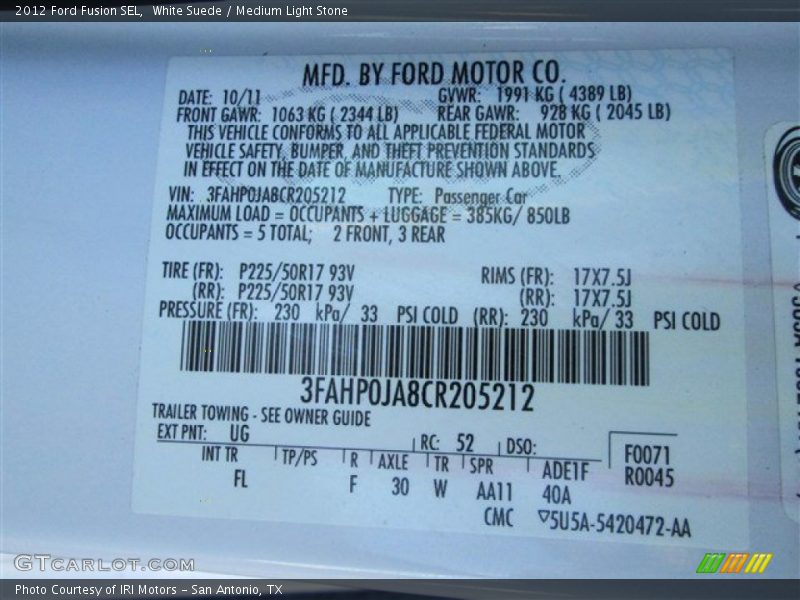 White Suede / Medium Light Stone 2012 Ford Fusion SEL