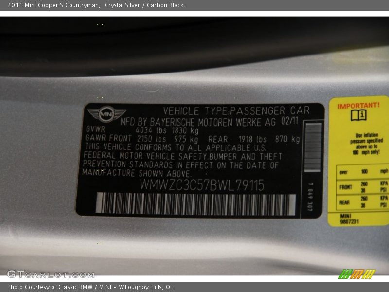 Crystal Silver / Carbon Black 2011 Mini Cooper S Countryman