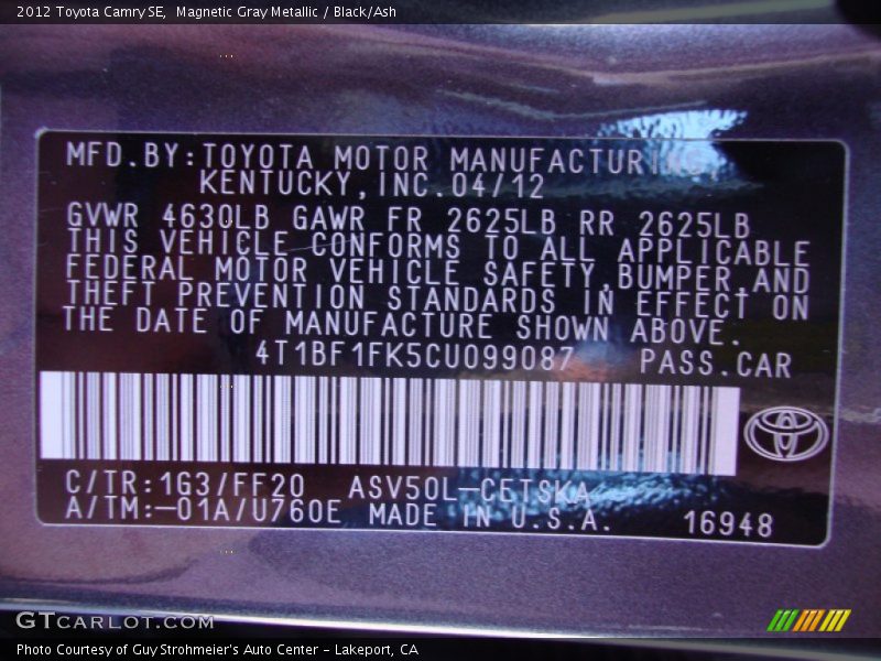 Magnetic Gray Metallic / Black/Ash 2012 Toyota Camry SE
