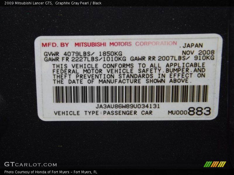 Graphite Gray Pearl / Black 2009 Mitsubishi Lancer GTS