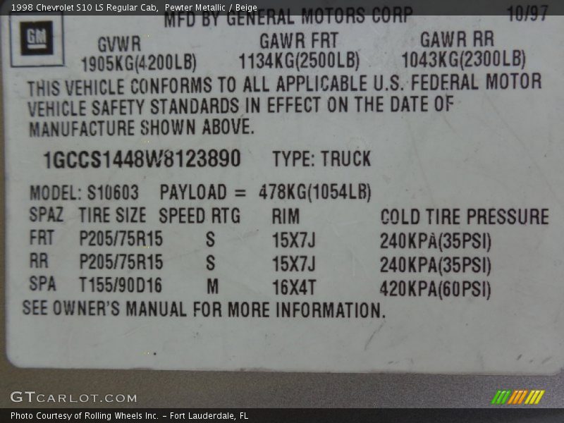 Pewter Metallic / Beige 1998 Chevrolet S10 LS Regular Cab