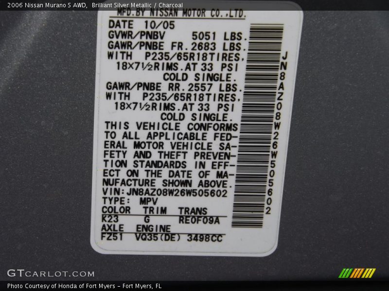 Brilliant Silver Metallic / Charcoal 2006 Nissan Murano S AWD