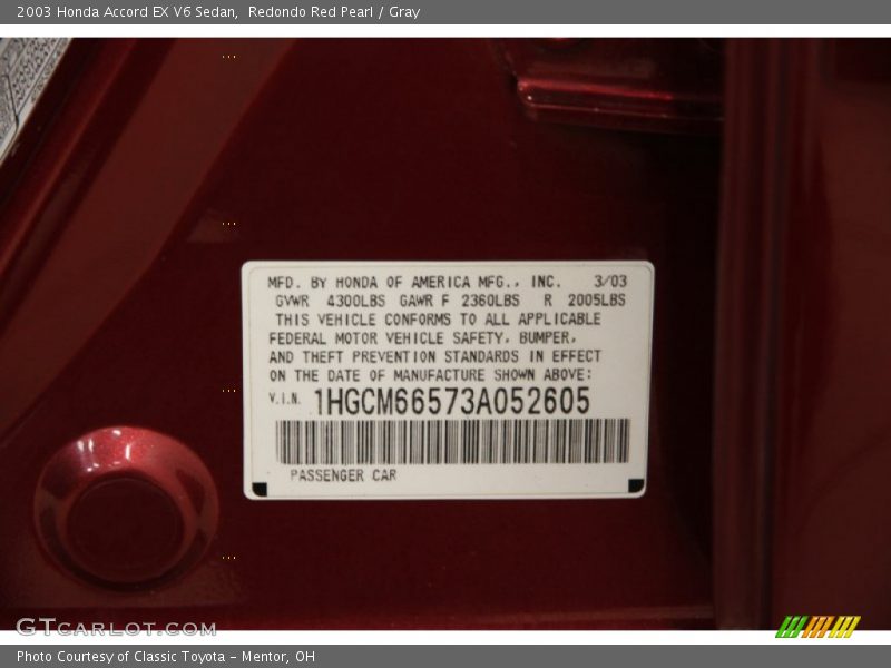 Redondo Red Pearl / Gray 2003 Honda Accord EX V6 Sedan