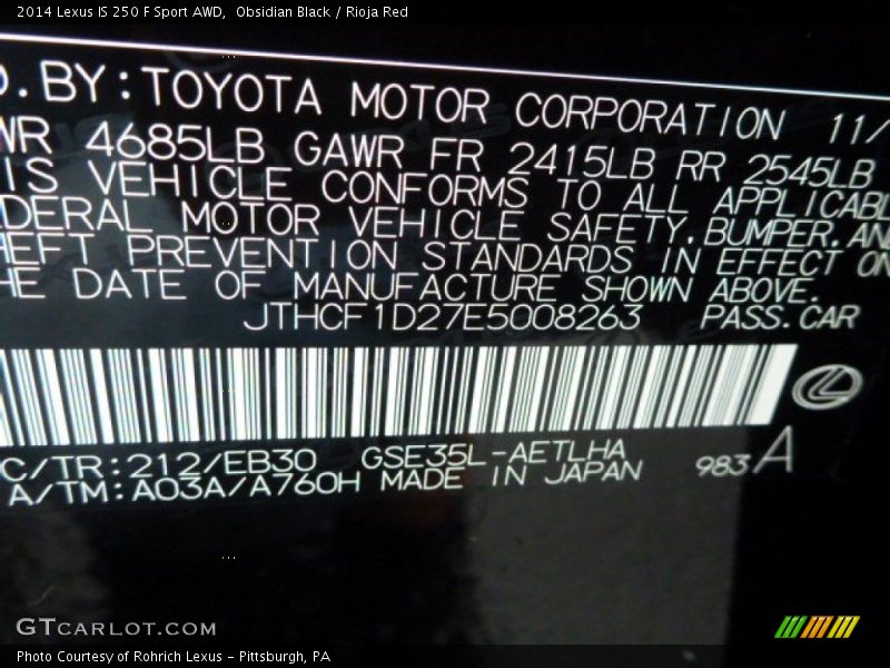 Obsidian Black / Rioja Red 2014 Lexus IS 250 F Sport AWD