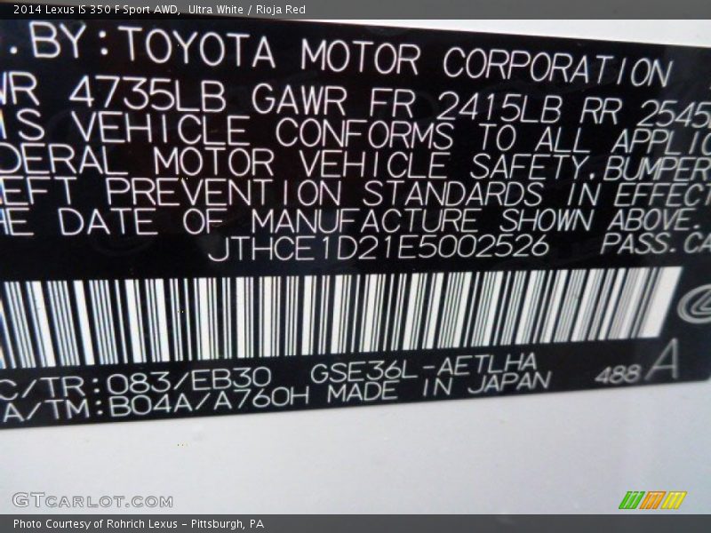Ultra White / Rioja Red 2014 Lexus IS 350 F Sport AWD