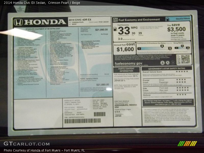  2014 Civic EX Sedan Window Sticker