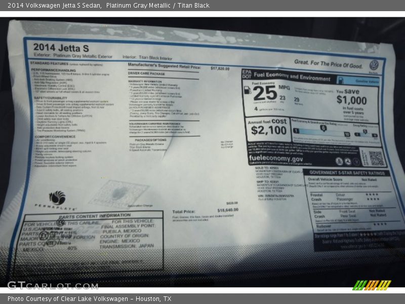 Platinum Gray Metallic / Titan Black 2014 Volkswagen Jetta S Sedan
