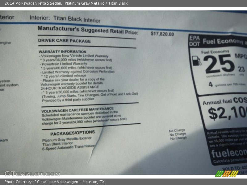 Platinum Gray Metallic / Titan Black 2014 Volkswagen Jetta S Sedan