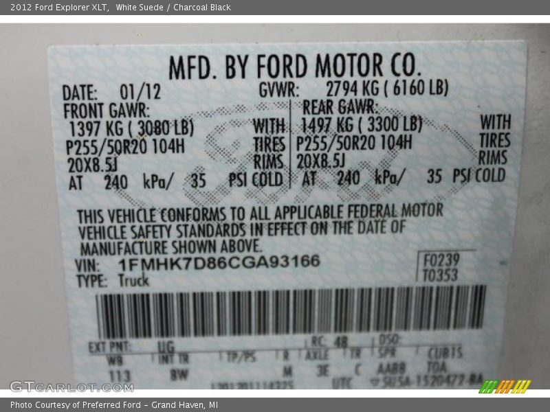 White Suede / Charcoal Black 2012 Ford Explorer XLT