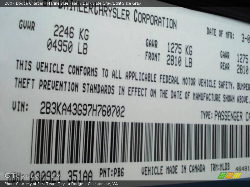 Marine Blue Pearl / Dark Slate Gray/Light Slate Gray 2007 Dodge Charger