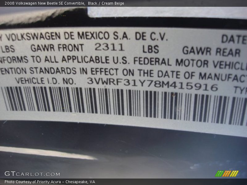 Black / Cream Beige 2008 Volkswagen New Beetle SE Convertible