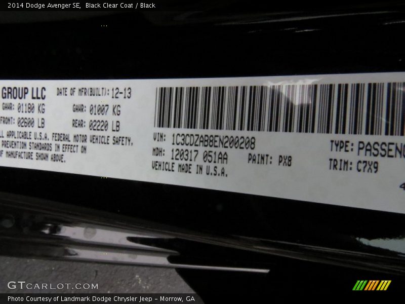 Black Clear Coat / Black 2014 Dodge Avenger SE