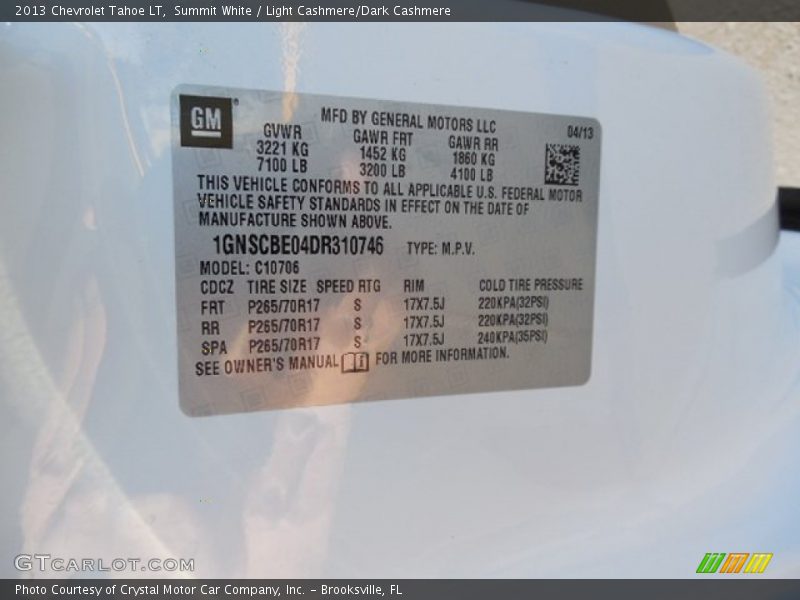 Summit White / Light Cashmere/Dark Cashmere 2013 Chevrolet Tahoe LT
