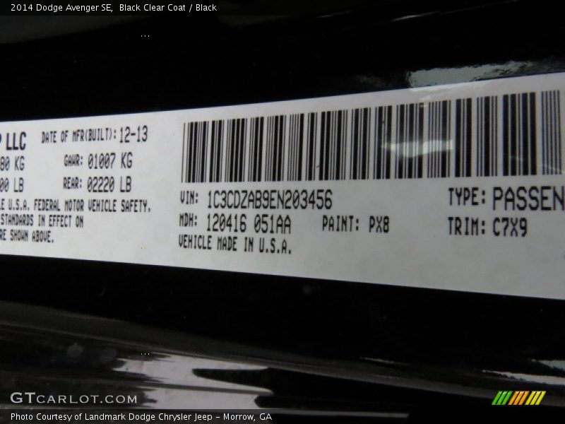 Black Clear Coat / Black 2014 Dodge Avenger SE