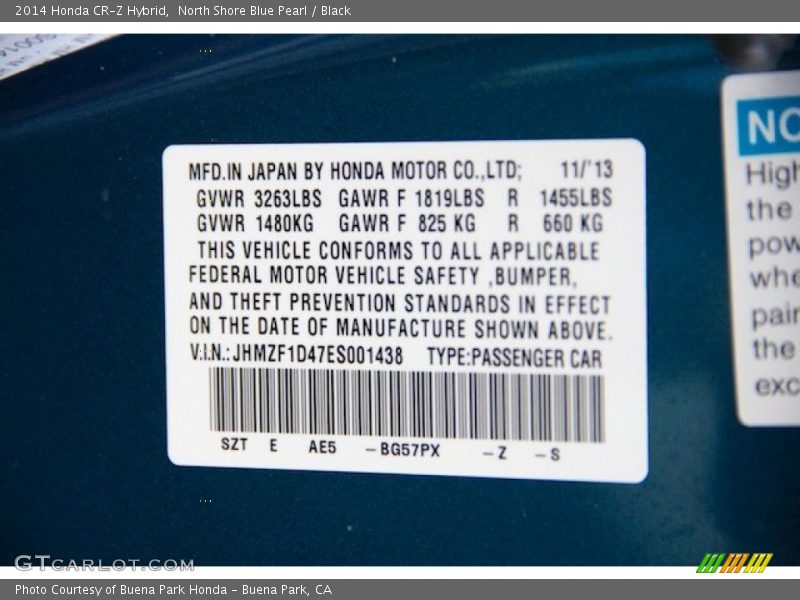2014 CR-Z Hybrid North Shore Blue Pearl Color Code BG57PX