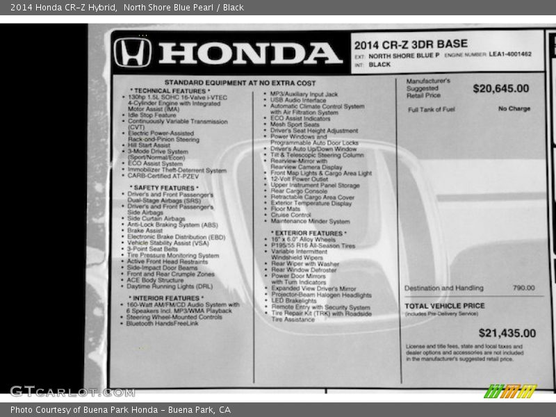  2014 CR-Z Hybrid Window Sticker