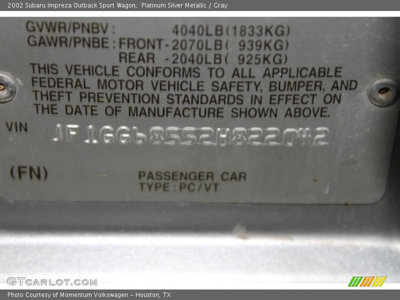 Platinum Silver Metallic / Gray 2002 Subaru Impreza Outback Sport Wagon