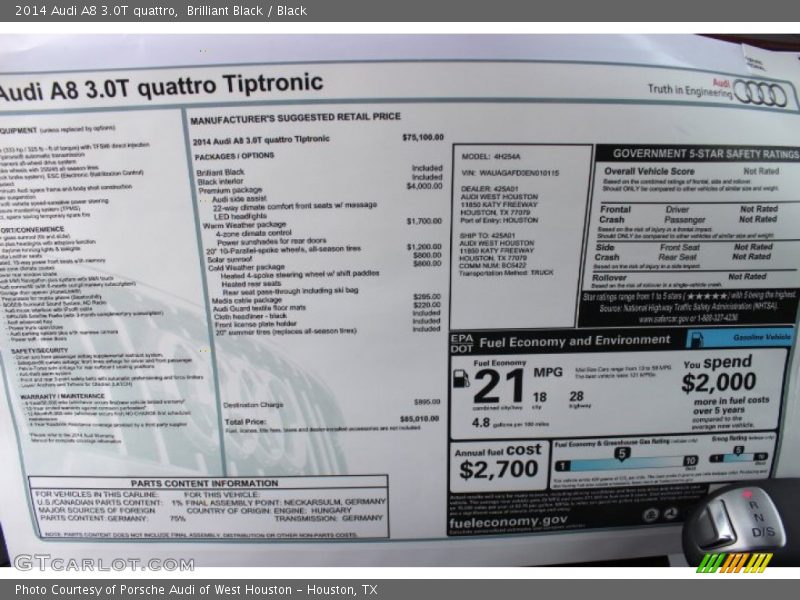  2014 A8 3.0T quattro Window Sticker
