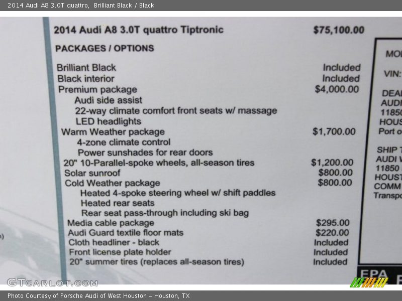  2014 A8 3.0T quattro Window Sticker