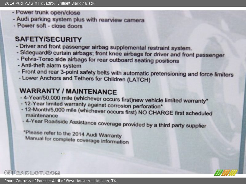  2014 A8 3.0T quattro Window Sticker
