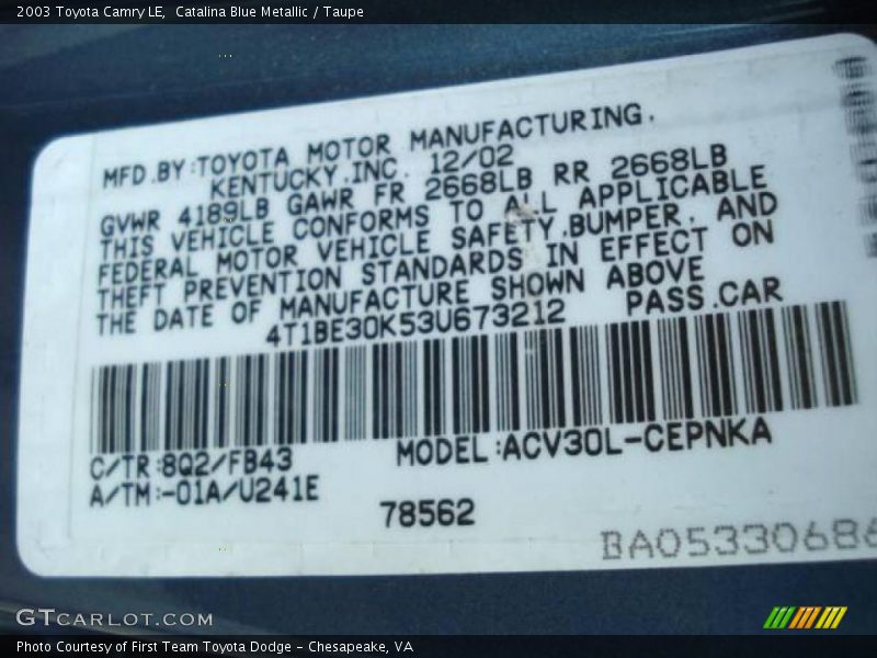 Catalina Blue Metallic / Taupe 2003 Toyota Camry LE