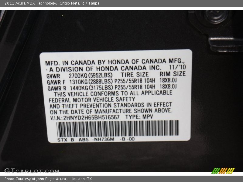 Grigio Metallic / Taupe 2011 Acura MDX Technology