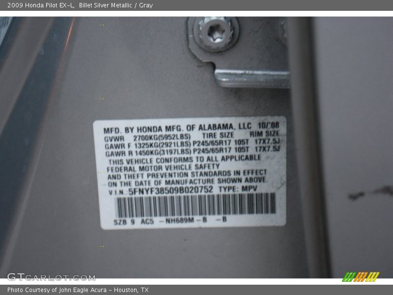 Billet Silver Metallic / Gray 2009 Honda Pilot EX-L