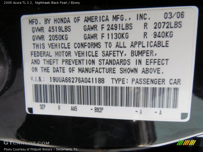 Nighthawk Black Pearl / Ebony 2006 Acura TL 3.2