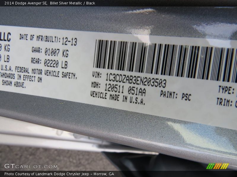 Billet Silver Metallic / Black 2014 Dodge Avenger SE