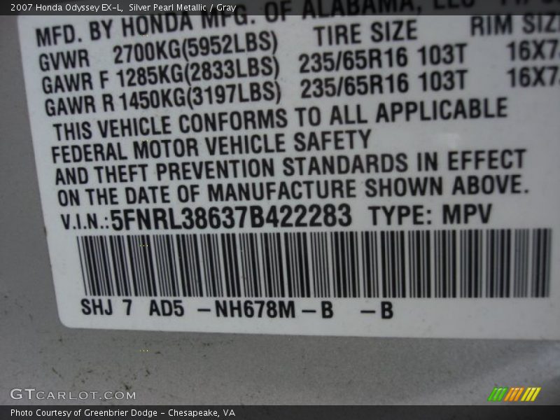 Silver Pearl Metallic / Gray 2007 Honda Odyssey EX-L