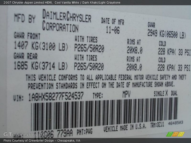Cool Vanilla White / Dark Khaki/Light Graystone 2007 Chrysler Aspen Limited HEMI